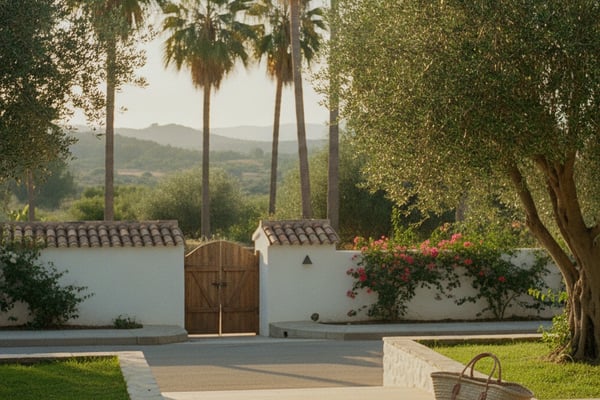 Mediterranean villa courtyard with white walls, wooden gate, palm trees, and mountain views beyond