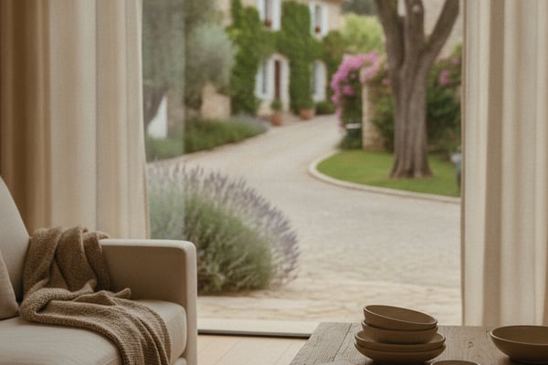 Living room with cream armchair and wooden table overlooking Mediterranean villa courtyard with flowering bougainvillea
