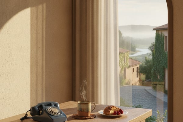 Wooden desk with rotary phone, coffee mug, pastry, and notebook overlooking river valley through arched window