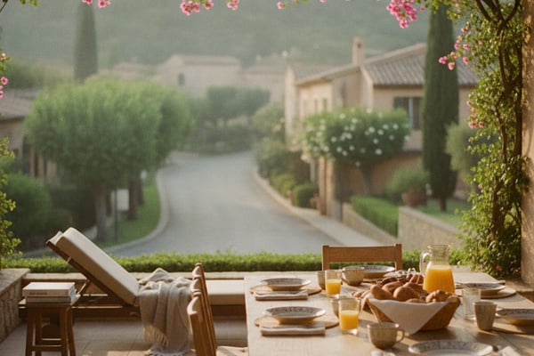 Terrace dining area with set table, pink flowering vines overhead, and countryside villa view beyond