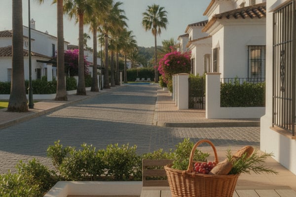 Mediterranean-style villa courtyard with palm trees, white buildings, magenta bougainvillea, and picnic basket on terrace
