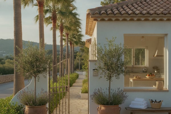 Mediterranean villa courtyard with palm trees, terracotta planters, and mountain views