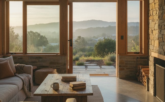 Modern living room with wood-framed glass doors opening to a deck overlooking forested hills and distant water
